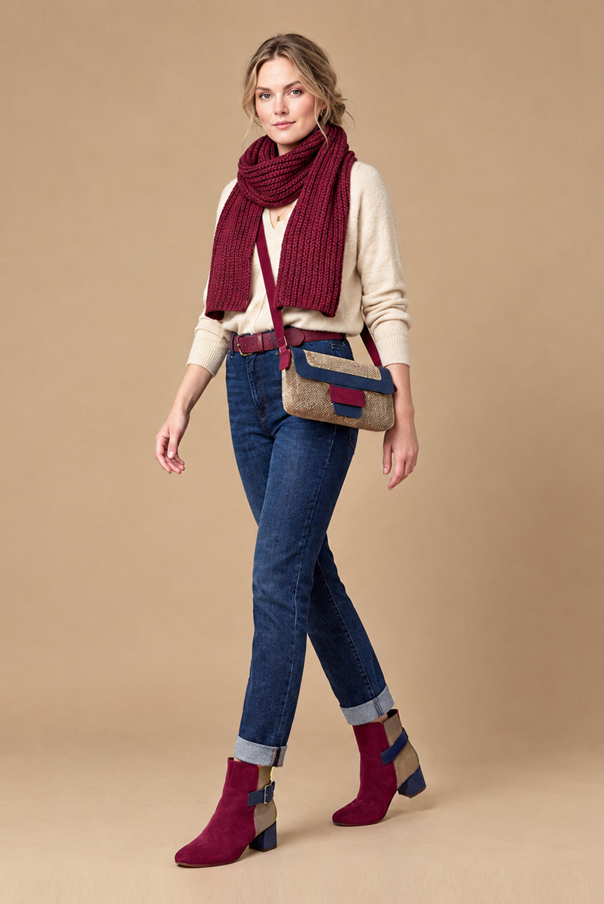 Women's burgundy, cognac and navy blue back-buckle ankle boots with square toe and mid block heel - Top view